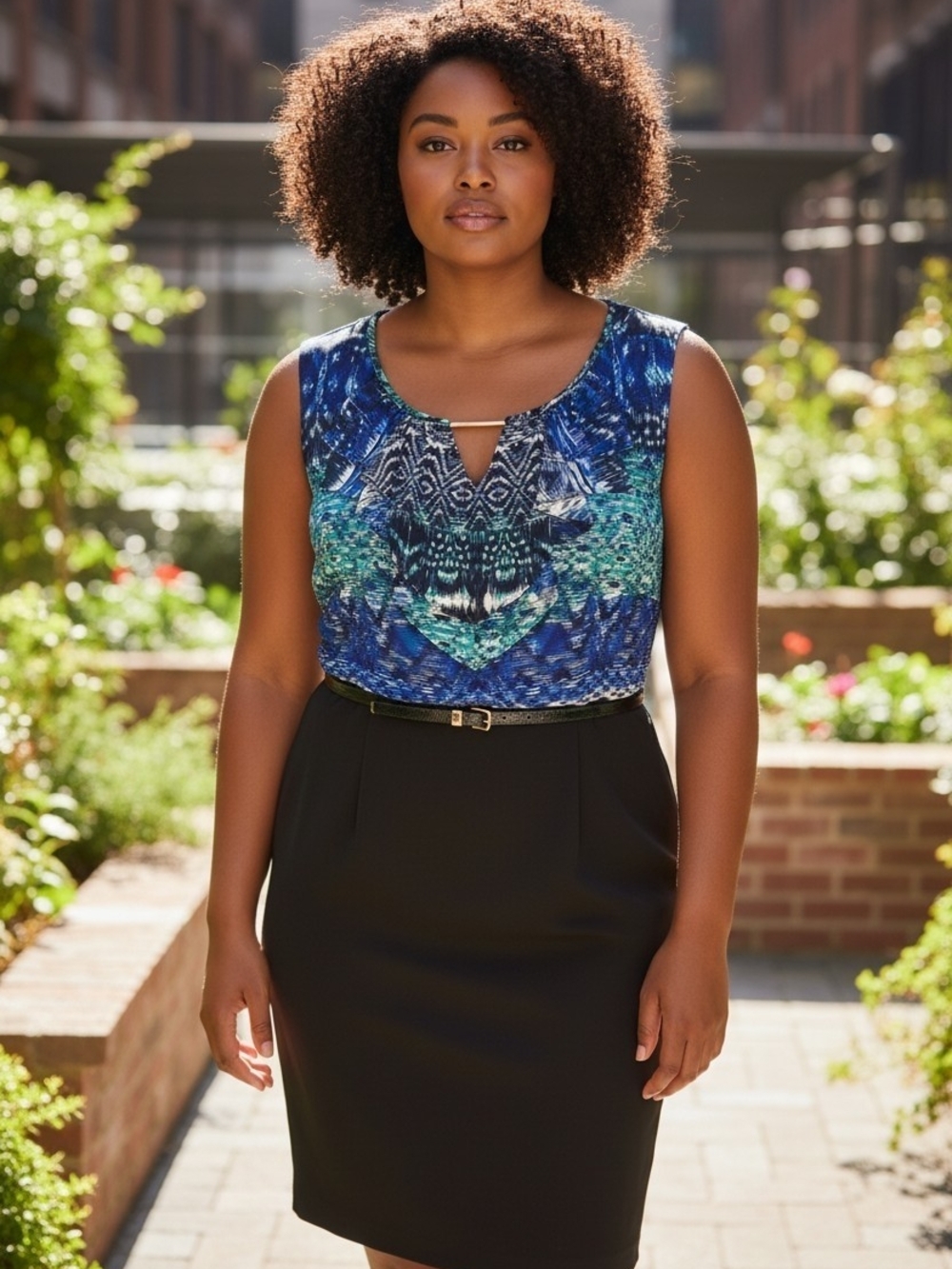 Alyx Blue and Teal Patterned Sleeveless Keyhole Dress